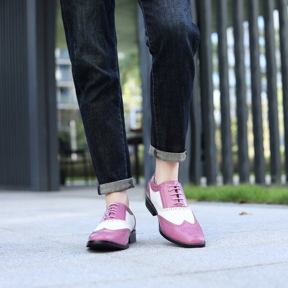 Pink White 1920's Wingtip Lace up Oxford Dress Shoes - Picture 7 of 8